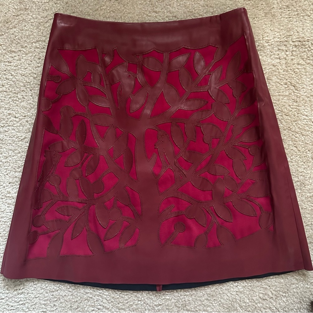 Anthropologie Perched Vegan Leather Mini Skirt A-Line Dark Red Cutout Detail - Picture 5 of 11